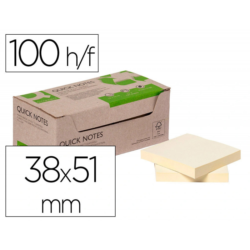 Bloc notes q-connect quick notes 38x51mm 100f adhesives repositionables coloris jaune pack 12 unites