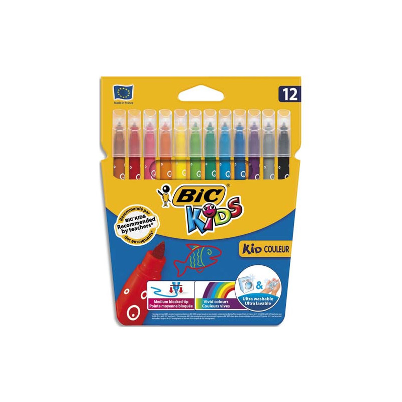 BIC Kids Kid Couleur Feutres de coloriage Pointe moyenne - Couleurs assorties, Etui de 12