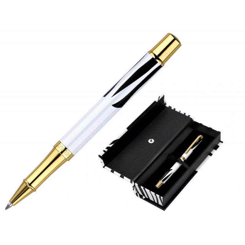 Roller belius b&w aluminium attributs or encre noire coloris noir zebrures blanches dans coffret cadeau
