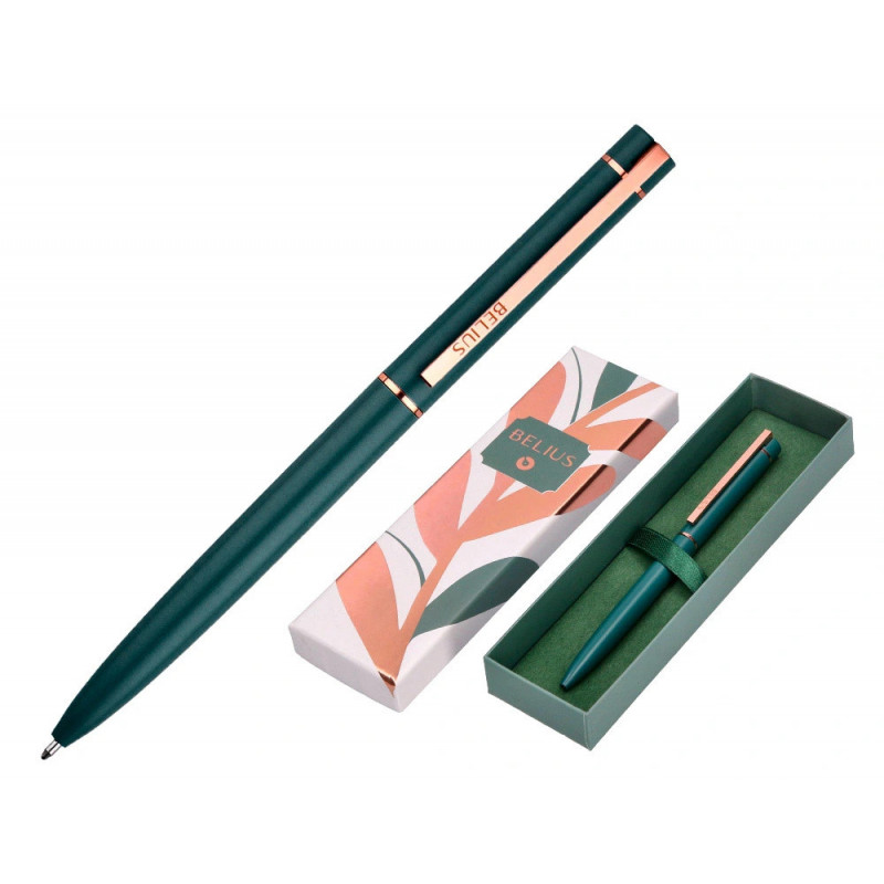 Stylo-bille belius rose aluminium details et attributs or rose encre bleue coloris vert dans coffret cadeau