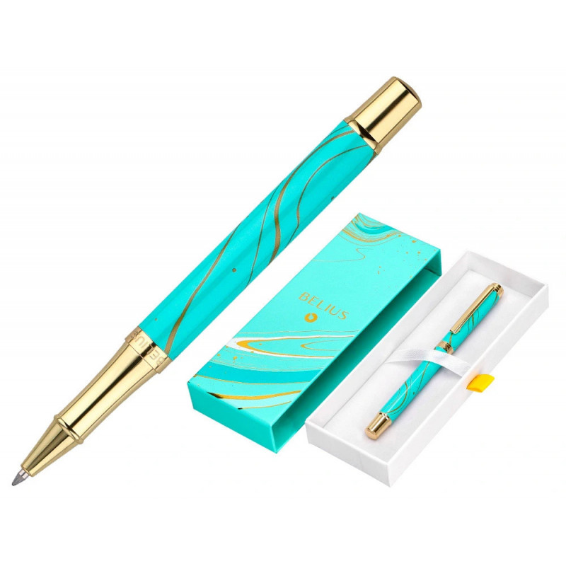 Roller belius aqua aluminium details et attributs or encre noire coloris turquoise dans coffret cadeau