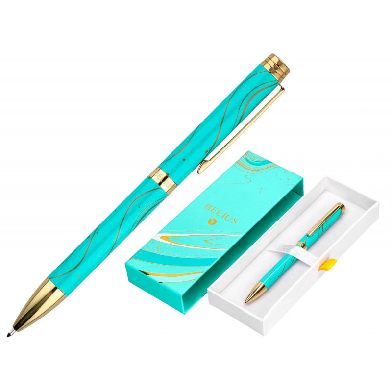 Stylo-bille belius aqua aluminium details et attributs or encre bleue coloris turquoise dans coffret cadeau