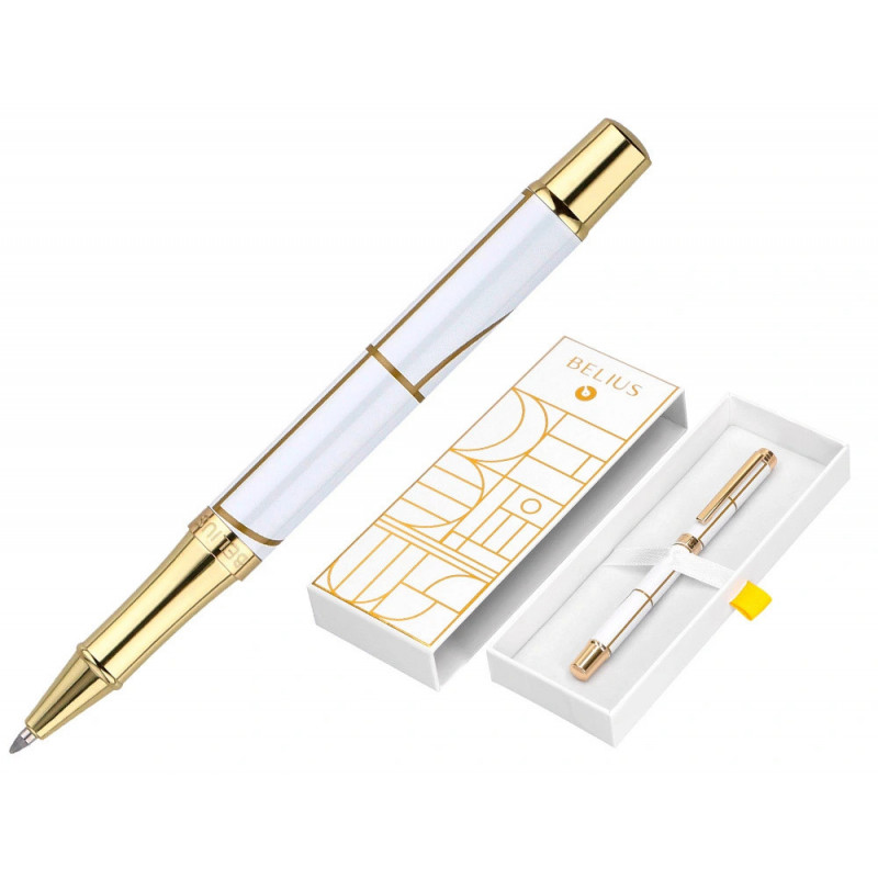 Roller belius carte blanche aluminium details et attributs or encre noire coloris blanc dans coffret cadeau