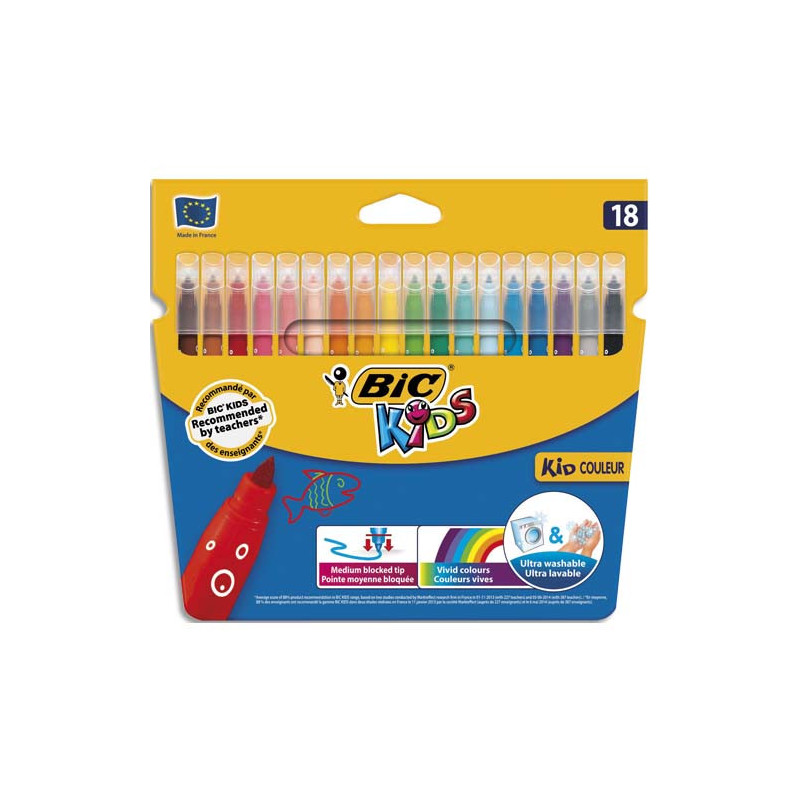 BIC Kids Kid Couleur Feutres de Coloriage à Pointe Moyenne - Couleurs Assorties, Etui Carton de 18