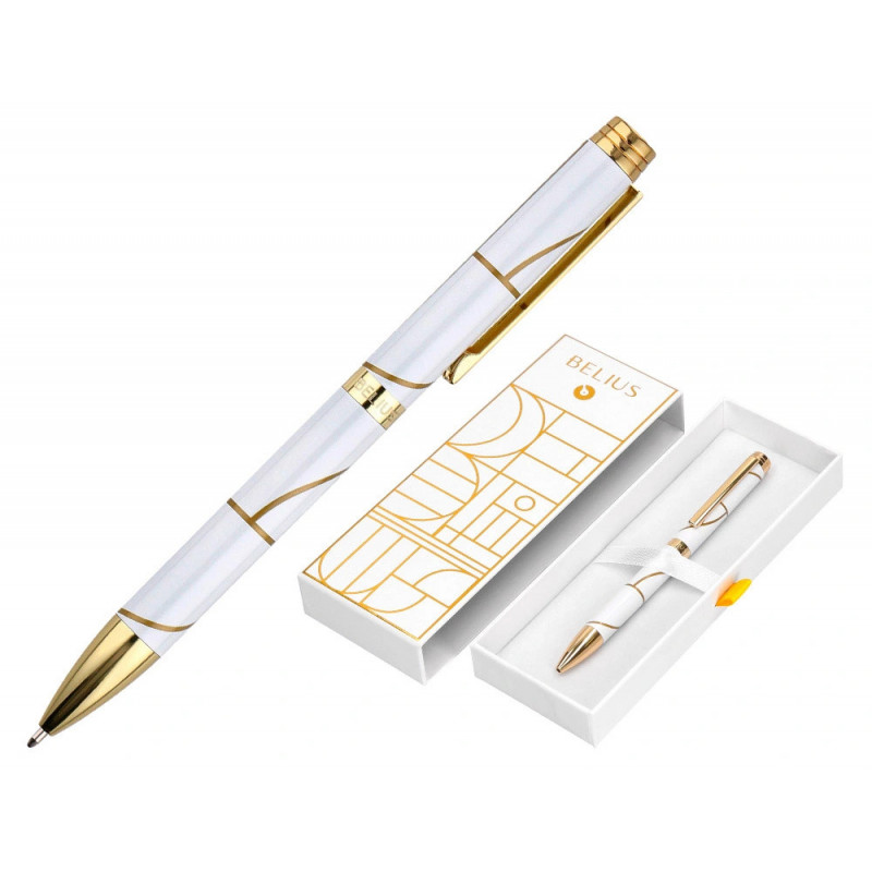 Stylo-bille belius carte blanche aluminium details et attributs or encre bleue coloris blanc dans coffret cadeau