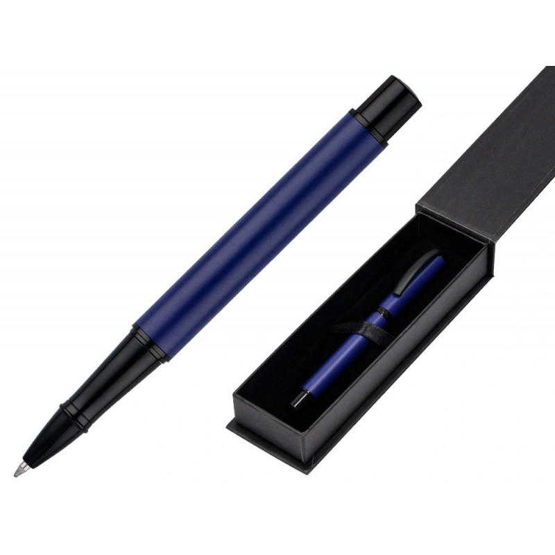 Roller belius turbo aluminium texture pointillee attributs noir encre bleue coloris bleu dans coffret cadeau