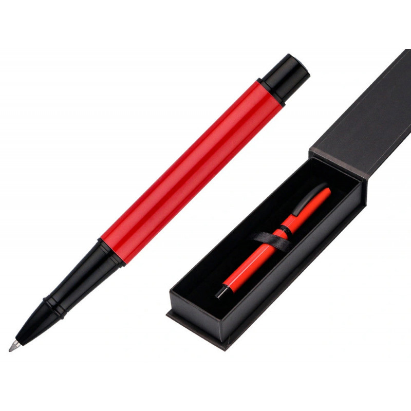 Roller belius turbo aluminium texture pointillee attributs noir encre bleue coloris rouge dans coffret cadeau