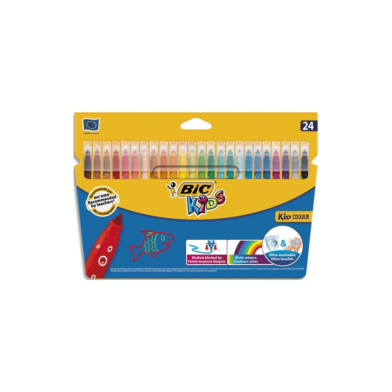 BIC Kids Kid Couleur Feutres de Coloriage à Pointe Moyenne - Couleurs Assorties, Etui Carton de 24