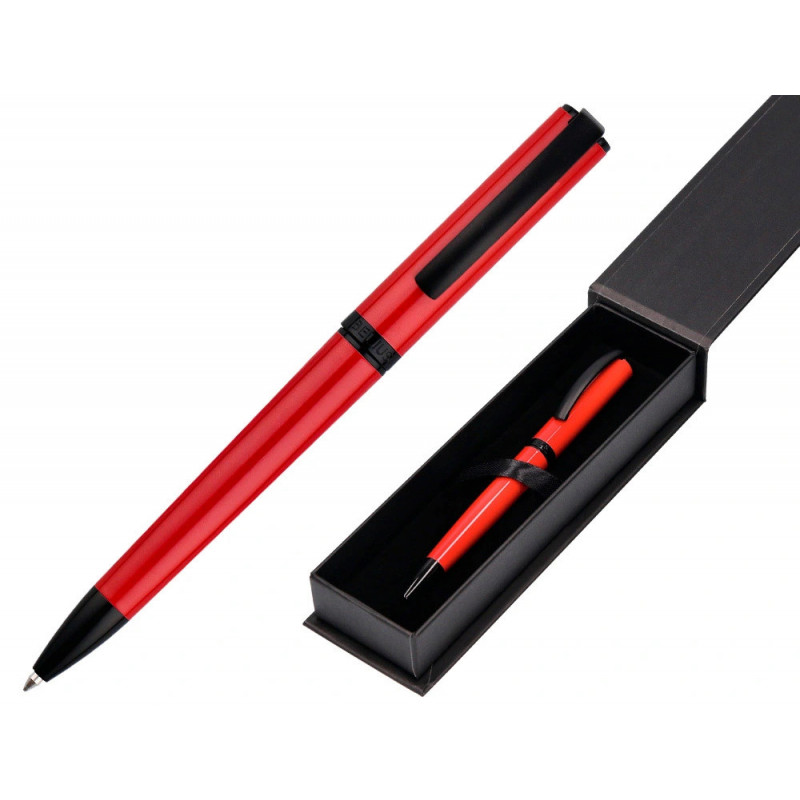 Stylo-bille belius turbo aluminium texture pointillee attributs noir encre bleue coloris rouge dans coffret cadeau