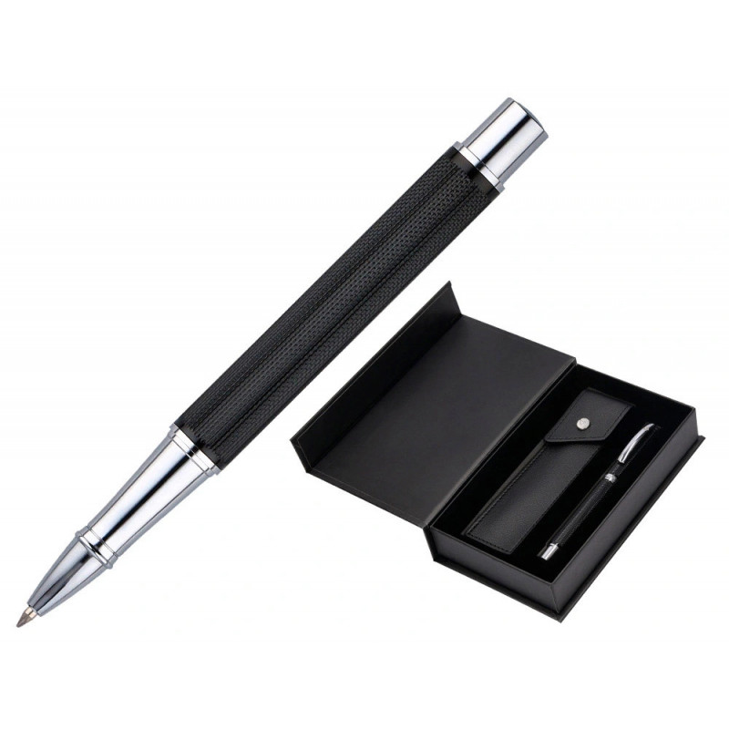 Roller et etui simili cuir belius turbo alum. texture pointillee attributs argent encre bleue col. noir coffret cadeau
