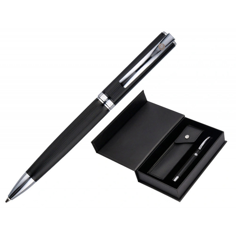 Stylo-bille etui simili cuir belius turbo alum. texture pointillee attributs argent encre bleue col. noir coffret cadeau
