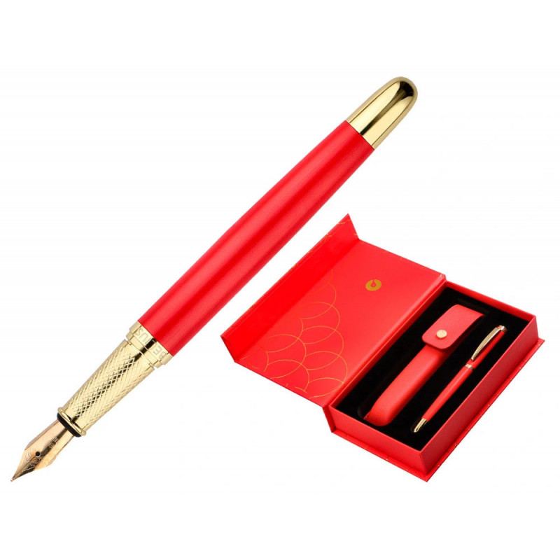 Stylo-plume et etui en simili cuir belius passion aluminium brosse attributs or encre bleue coloris rouge coffret cadeau