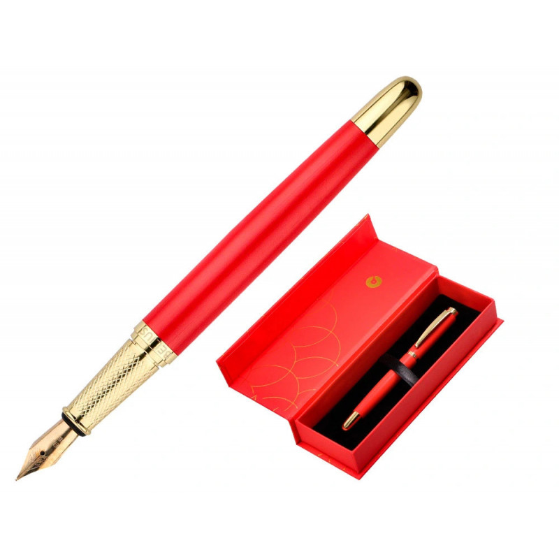 Stylo-plume belius passion aluminium brosse attributs or encre bleue coloris rouge dans coffret cadeau