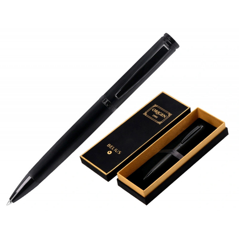 Stylo-bille belius origen aluminium brosse encre bleue coloris noir dans coffret cadeau
