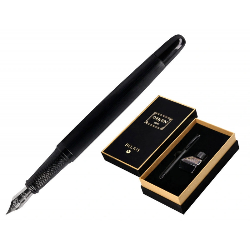 Stylo-plume et flacon d'encre belius origen aluminium brosse encre noire coloris noir dans coffret cadeau
