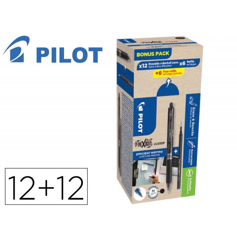 Stylo pilot frixion ball clicker retractable pointe 0,7mm bonus pack 12 rollers + 12 recharges coloris noir