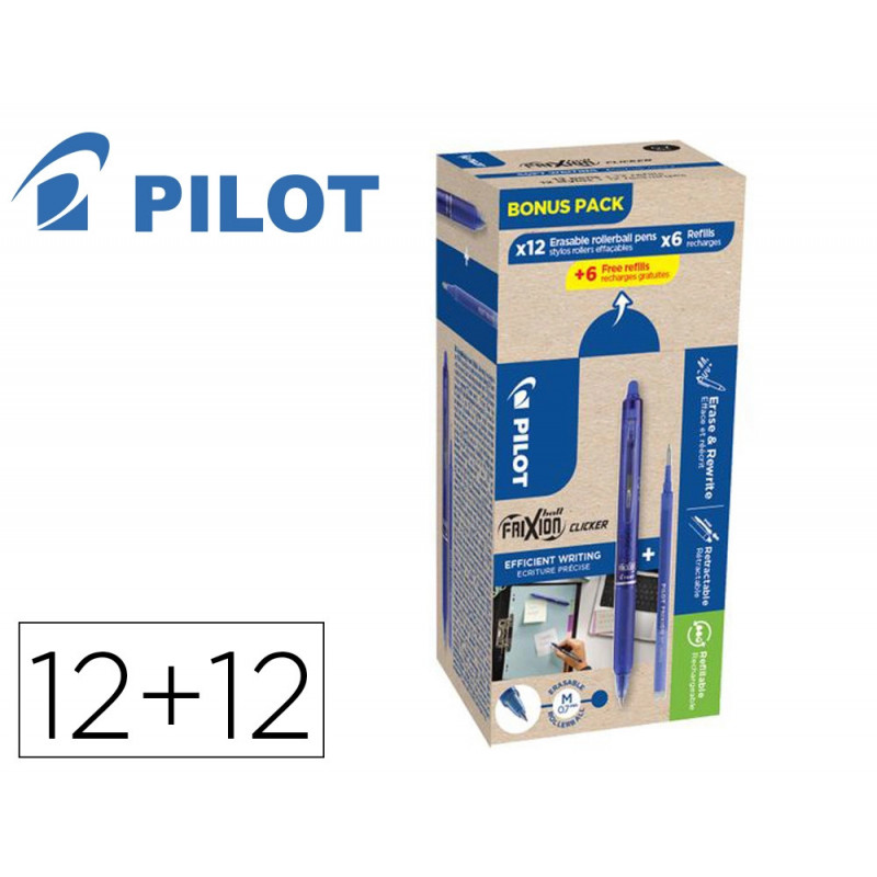 Stylo pilot frixion ball clicker retractable pointe 0,7mm bonus pack 12 rollers + 12 recharges coloris bleu