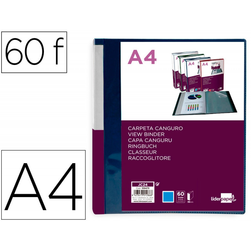 Protege-documents liderpapel personnalisable kangourou polypropylene 60 pochettes fixes a4 coloris bleu