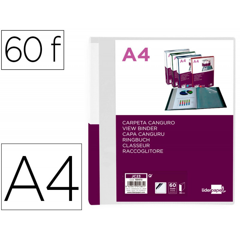 Protege-documents liderpapel personnalisable kangourou polypropylene 60 pochettes fixes a4 coloris transparent