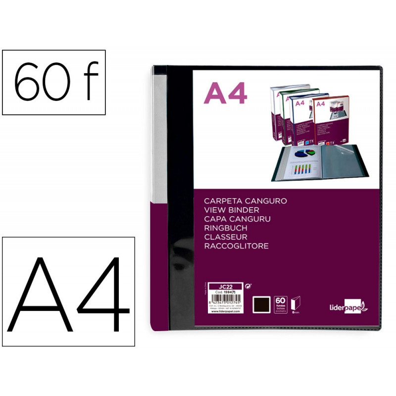 Protege-documents liderpapel personnalisable kangourou polypropylene 60 pochettes fixes a4 coloris noir opaque