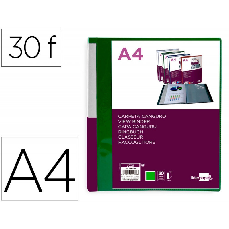 Protege-documents liderpapel personnalisable kangourou polypropylene 30 pochettes fixes a4 coloris vert