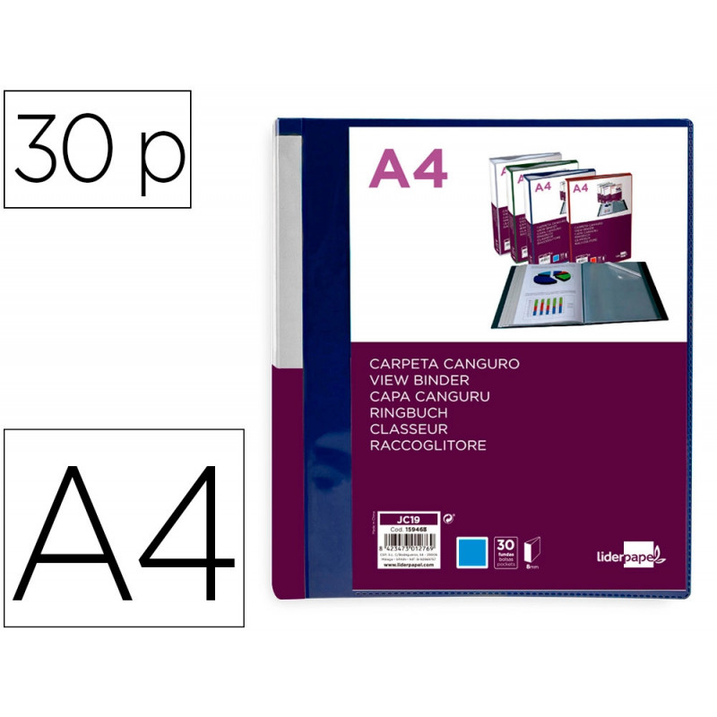 Protege-documents liderpapel personnalisable kangourou polypropylene 30 pochettes fixes a4 coloris bleu