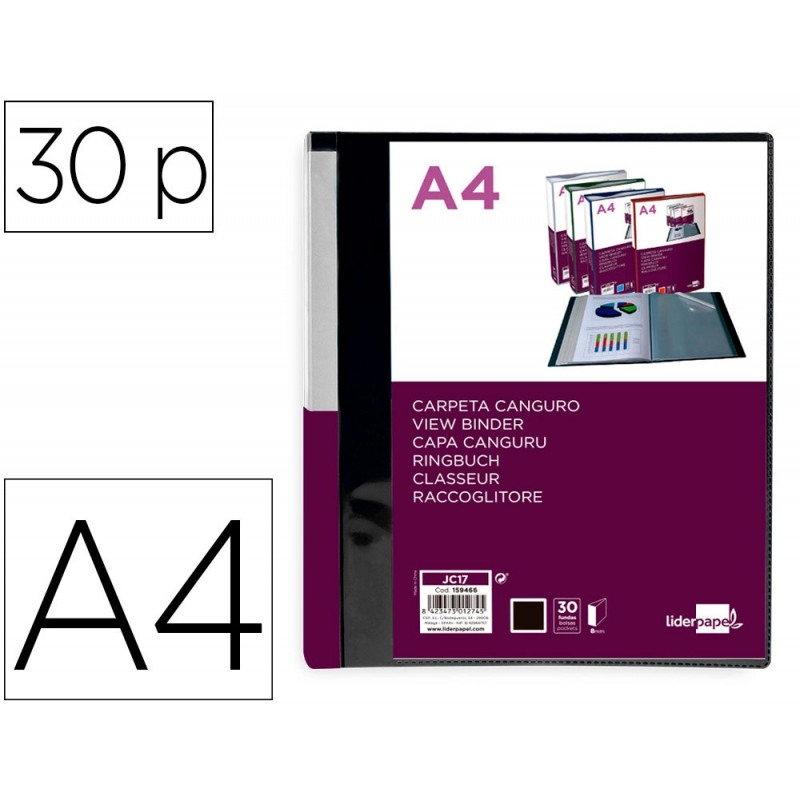 Protege-documents liderpapel personnalisable kangourou polypropylene 30 pochettes fixes a4 coloris noir opaque