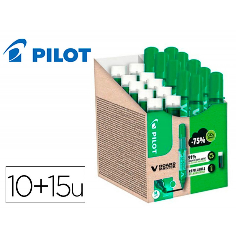Pack pilot v-board master 10 marqueurs effacables a sec pointe conique moyenne 10 recharges 5 offertes coloris vert