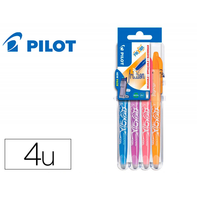 Porte-stylos et 4 stylos-bille pilot frixion ball clicker set2go pointe moyenne 0.7mm orange/turquoise/mauve/corail