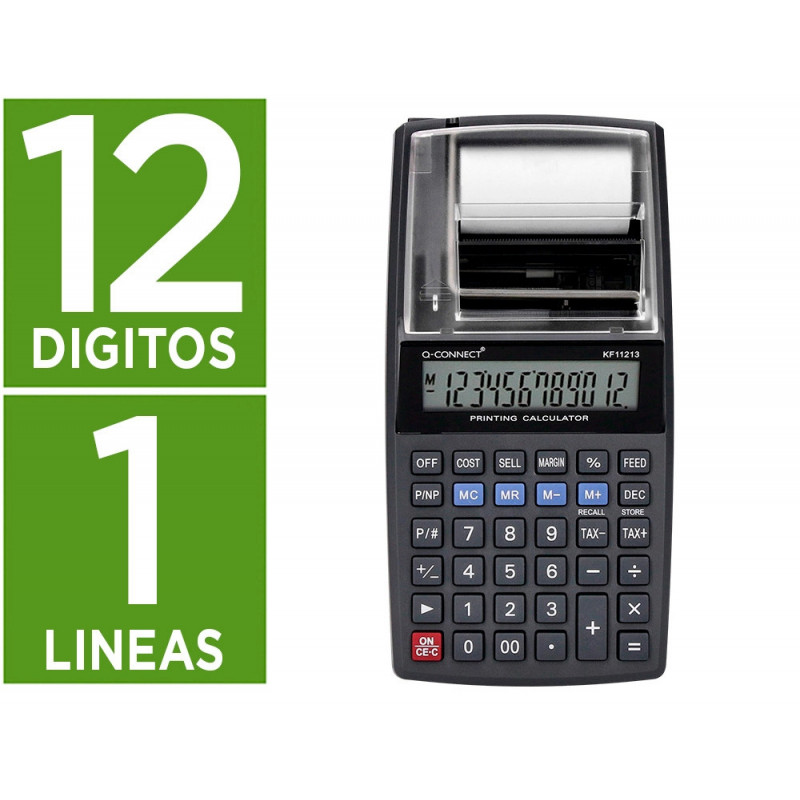 Calculatrice q-connect impression ecran 12 chiffres addition soustraction memoire 192x98x44mm coloris noir