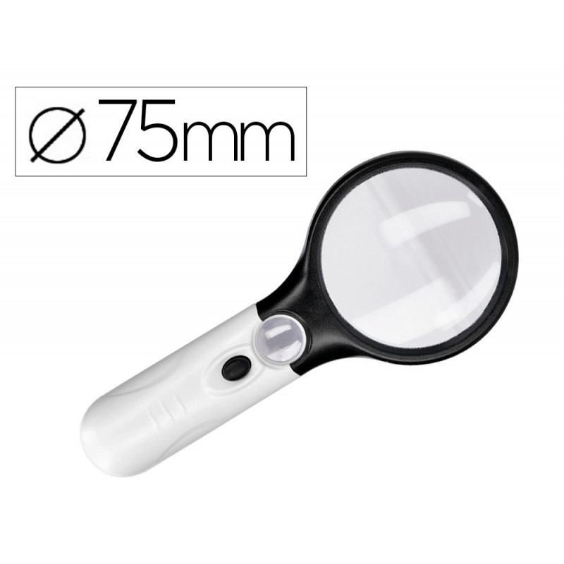 Loupe électrique q-connect lentille verre ronde 75mm diamètre monture abs grossissement par 3 3 ampoules led