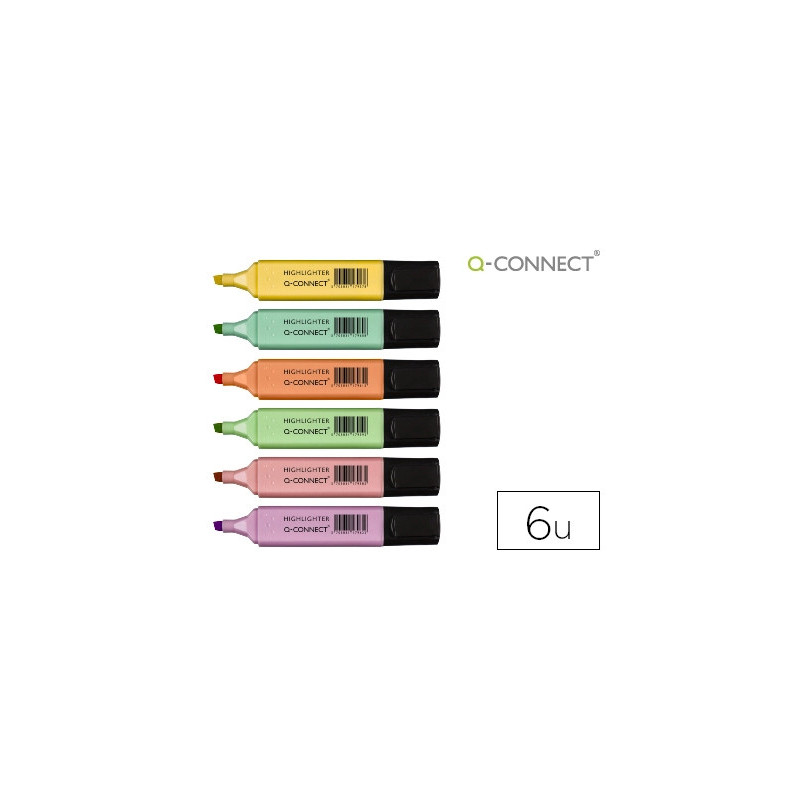 Surligneur q-connect pastel tracé 2/5mm pointe biseautée pochette 6 unités coloris jaune rose orange vert bleu violet