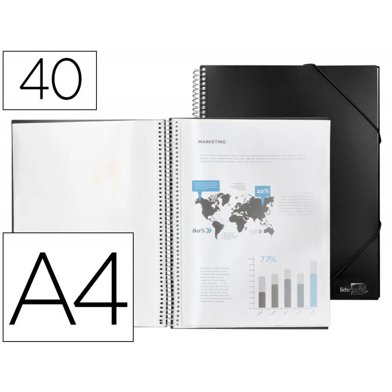 Protège-documents liderpapel polypropylène couverture rigide spirale 40 pochettes fixes a4 210x297mm coloris noir