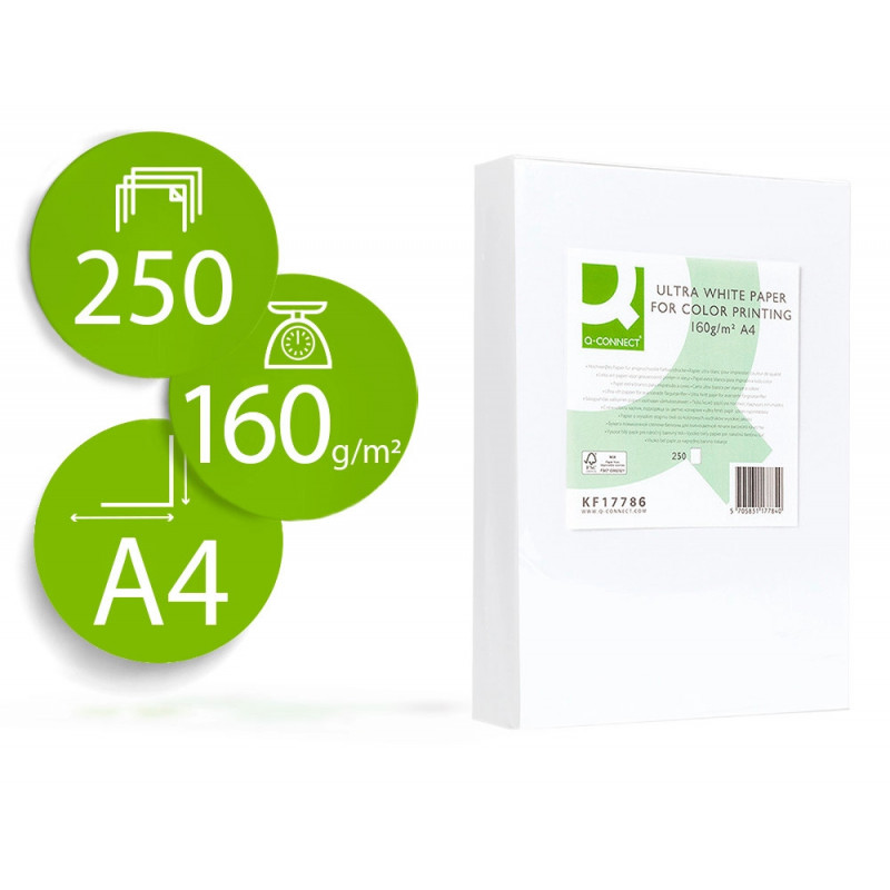Papier q-connect multifonction ultrawhite a4 160g/m2 blancheur 170 opacité 96 rigidité 60 250 feuilles
