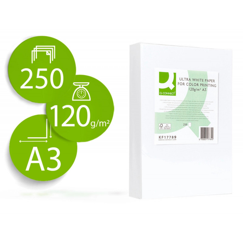 Papier q-connect multifonction ultrawhite a3 120g/m2 blancheur 170 opacité 96 rigidité 60 250 feuilles