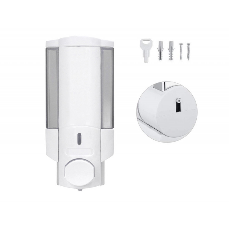 Distributeur savon q-connect manuel acier inoxydable serrure viseur bleu transparent coloris blanc 350ml 80x90x190mm
