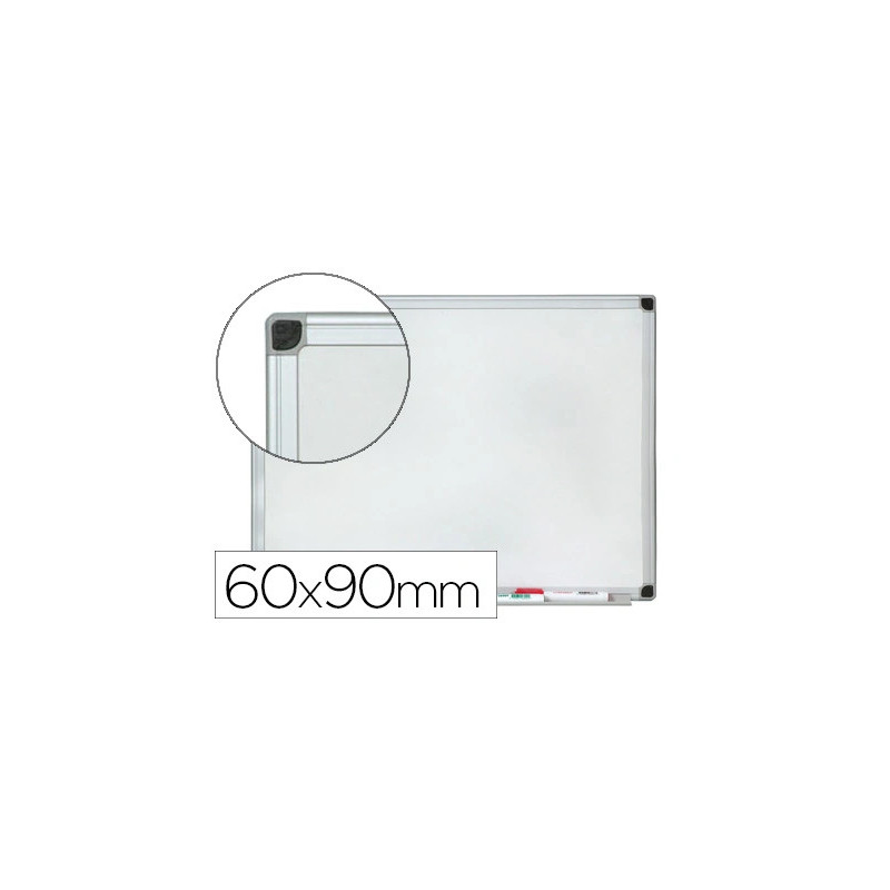 Tableau q-connect magnétique émaillé 800 degrés vitrifié cadre aluminium porte-marqueurs 60x90cm coloris blanc