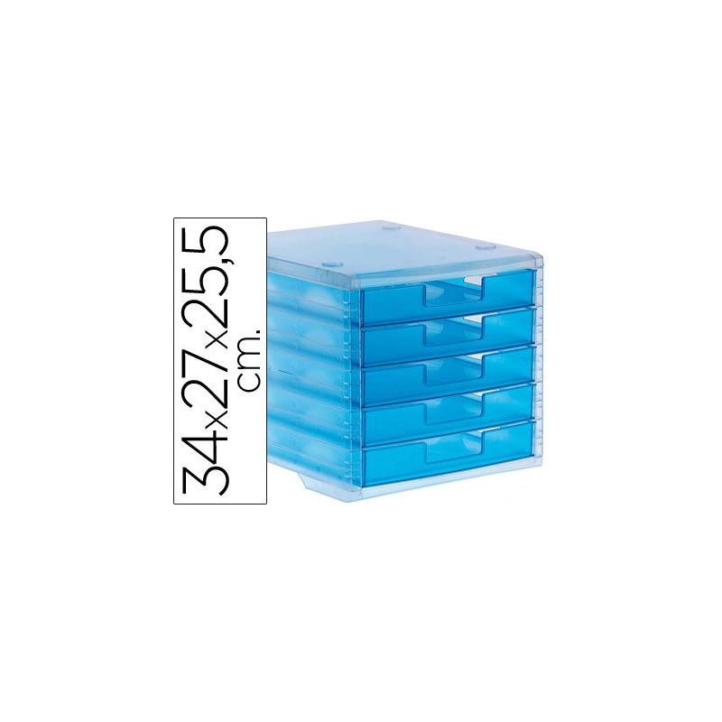 Module classement q-connect 5 tiroirs ouverts base 340x270x260mm butée sécurité coloris bleu translucide