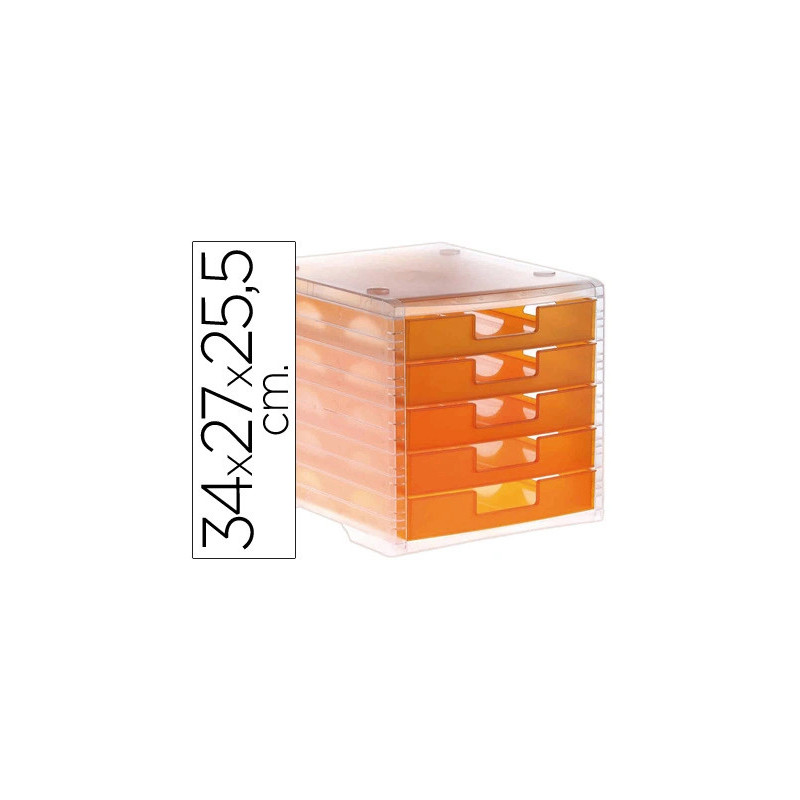Module classement q-connect 5 tiroirs ouverts base 340x270x260mm butée sécurité coloris orange translucide