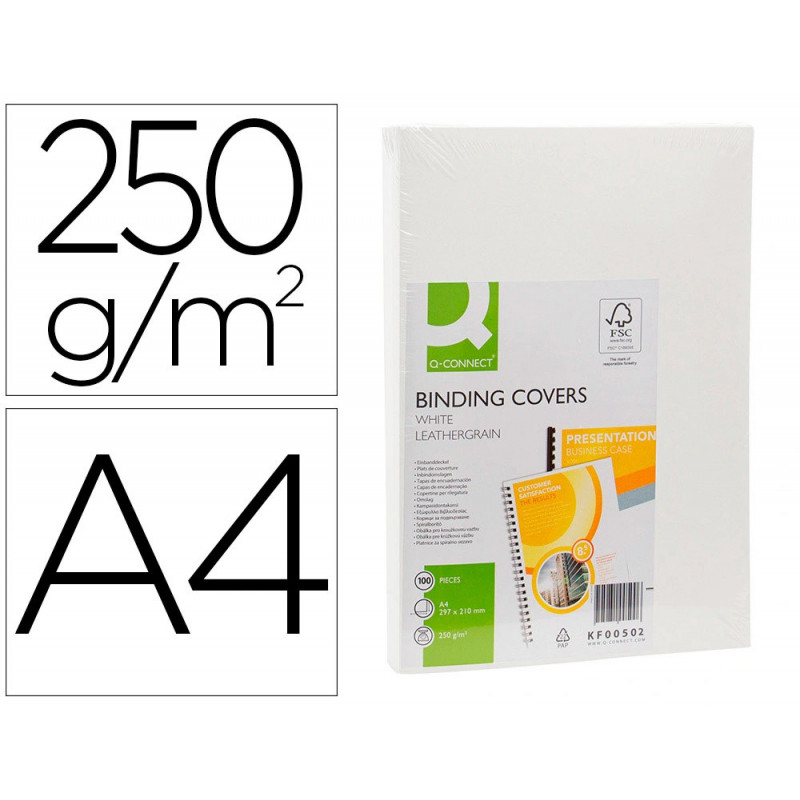Couverture q-connect carton 250g grain cuir pour reliure format a4 coloris blanc paquet 100 unités