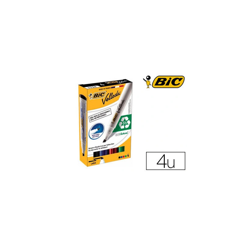Marqueur bic velleda 1751 effaçable pointe biseautée tracé 2/5mm encre base alcool inodore corps plastique boîte 4u
