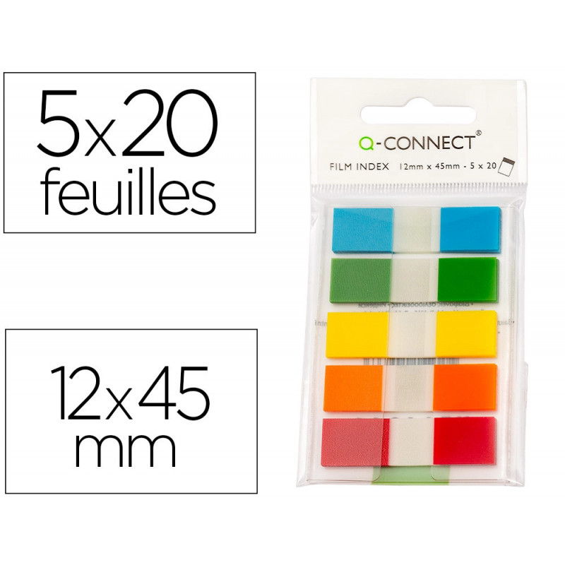 Marque-pages q-connect mini kit poche 12x45mm 130f coloris assortis bleu rouge jaune vert orange lot 5x20 unités