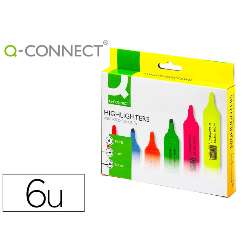 Surligneur q-connect tracé 2/5 mm pointe biseautée couleurs éclatantes pochette 6 unités assorties
