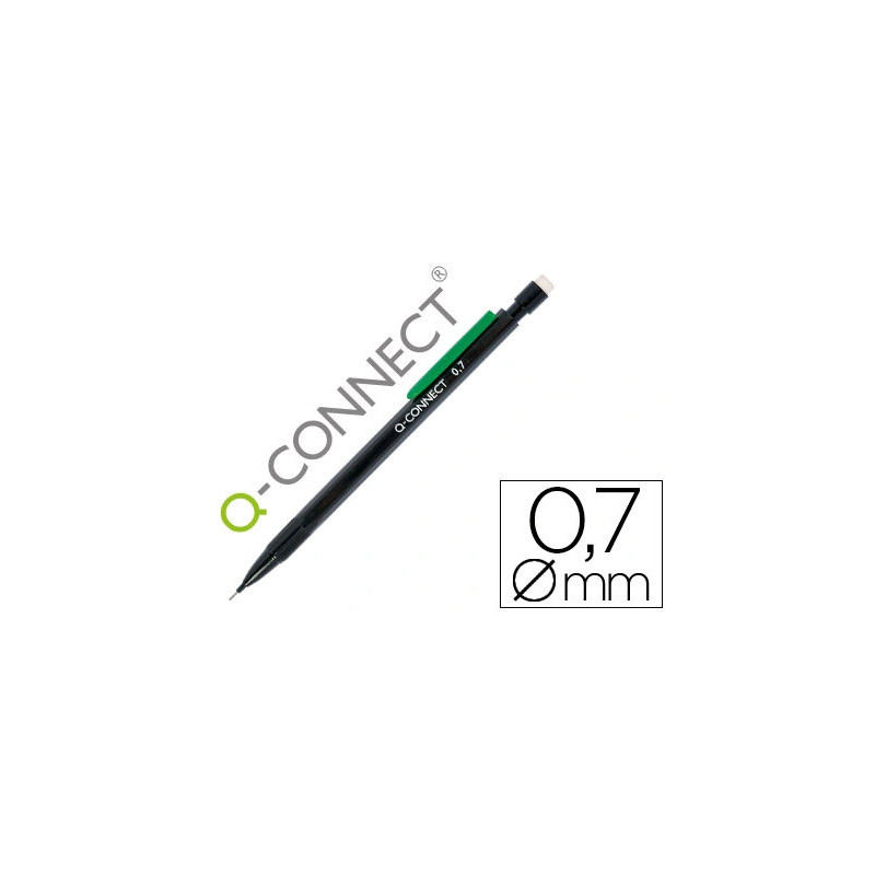Porte-mine q-connect 0.7mm corps plastique noir embout gomme 3 mines hb agrafe verte