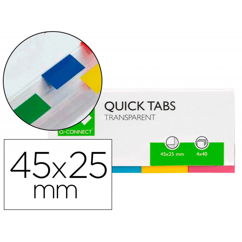Marque-pages q-connect 25x45mm 160f repositionnable 4 coloris transparents pack 4x40