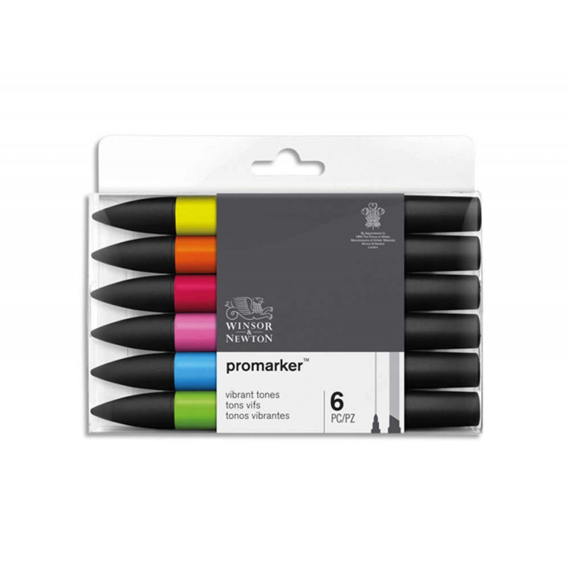 Marqueur professionnel w&n promarker double pointe tons vibrants jaune mandarine pavot cerise cyan vert vif set 6 unités