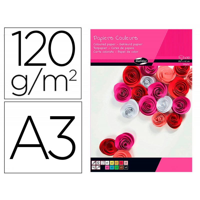Bloc clairefontaine1er prix, 30 feuilles papier couleur 120g a3 couleurs assortis