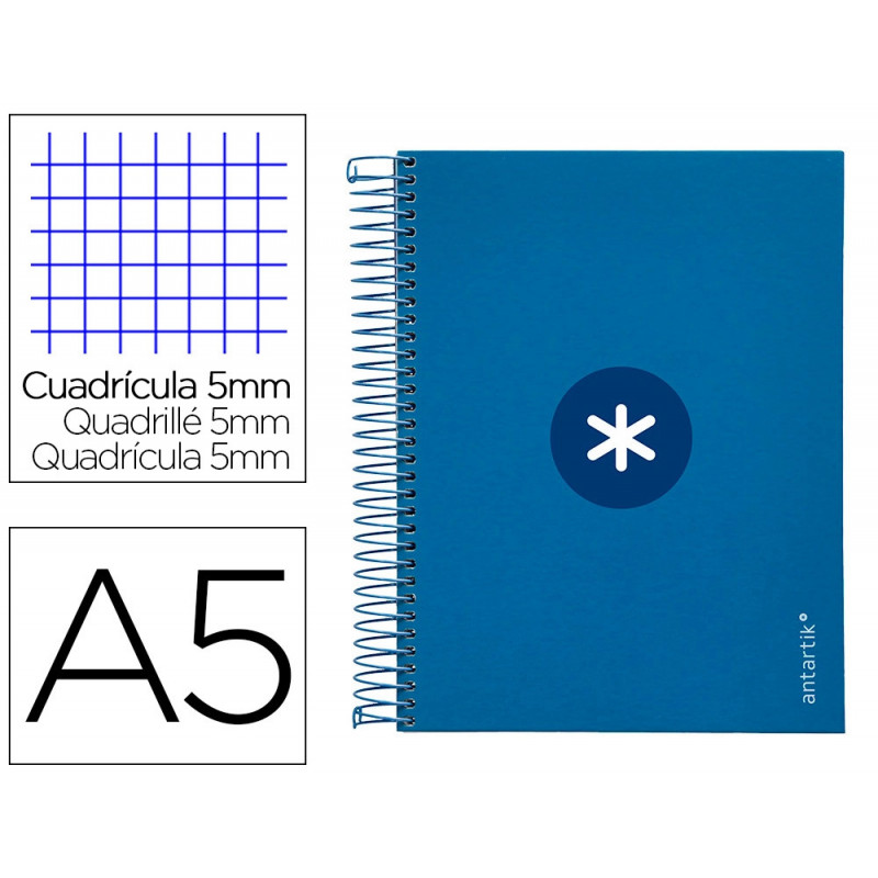 Cahier spirale antartik a5 14,8x21cm 240p 90g/m2 5x5mm 6 trous coil-lock coloris bleu marine