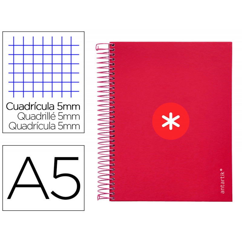 Cahier spirale antartik a5 14,8x21cm 240p 90g/m2 5x5mm 6 trous coil-lock coloris framboise