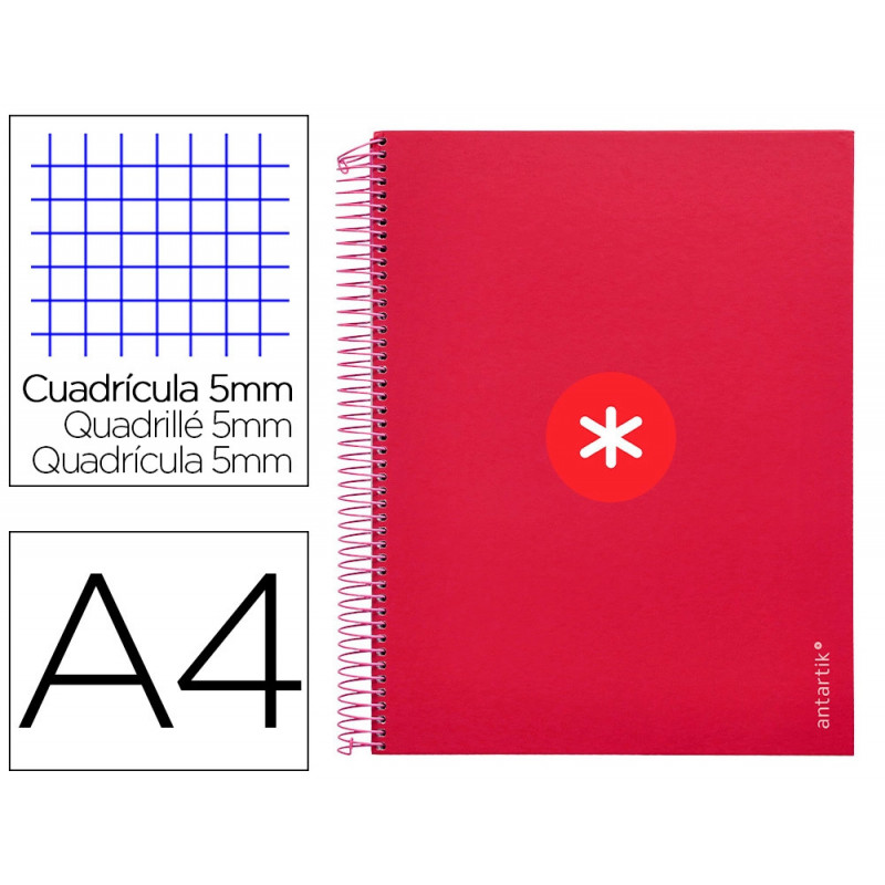 Cahier spirale antartik a4 240p 100g remborde 5x5mm microperfore 5 bandes 4 trous coloris framboise